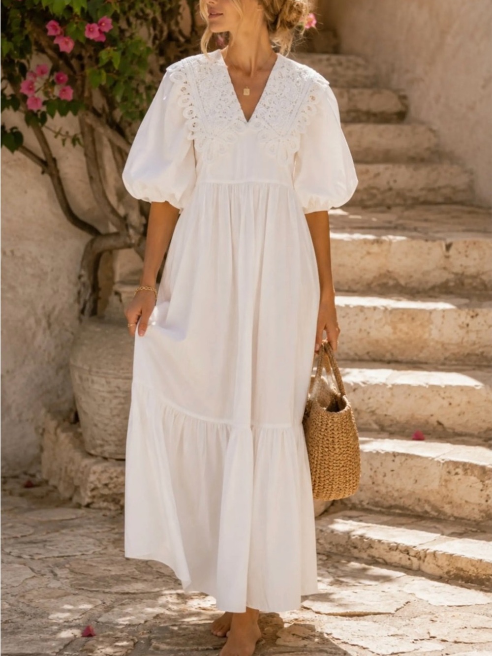 Hunter Bell Mercer Dress White Cotton Lace Collar Puff Sleeve Midi Maxi Dress L